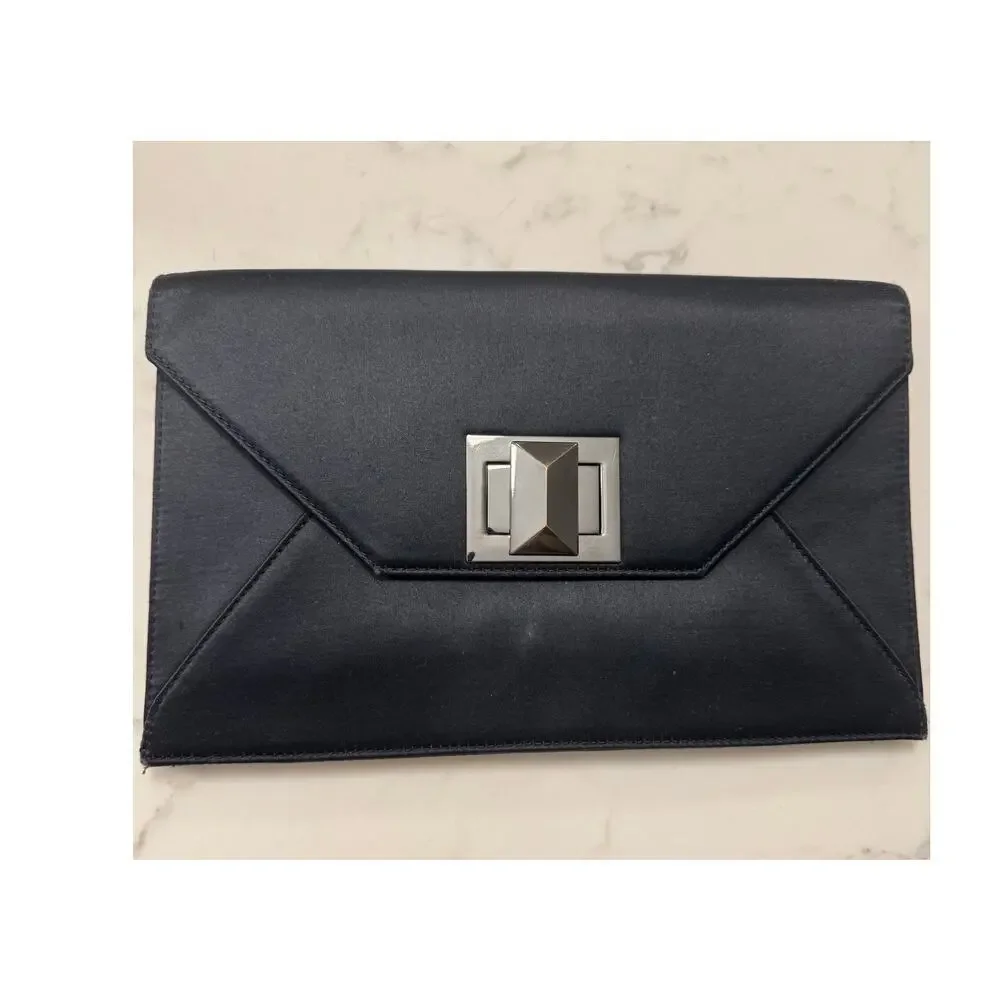 BCBG Clutch Women's Black Satin Envelope Style Turnlock Handbag with Dustbag